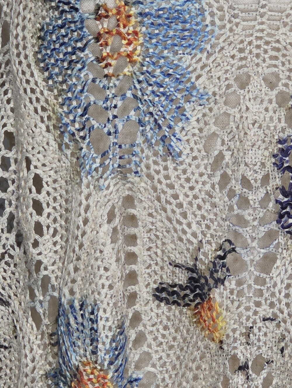 Cream Open Knit Sweater Blue Floral Print Oversized Lightweight Boho Summer Top - Picture 6 of 7